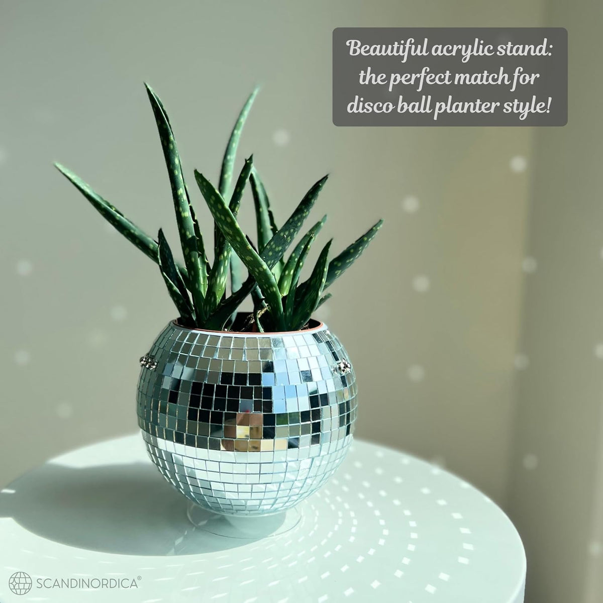 Elevate Your Space with the 6-Inch Silver Disco Ball Planter Set – Complete with Chain, Macrame Hanger, Acrylic Stand, and Self-Watering Insert