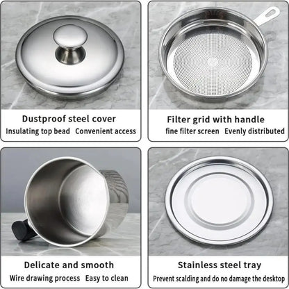Elevate Your Cooking with Our Modern Stainless Steel Oil Dispenser - Includes Tray & Lid for Safe Storage and Easy Filtration