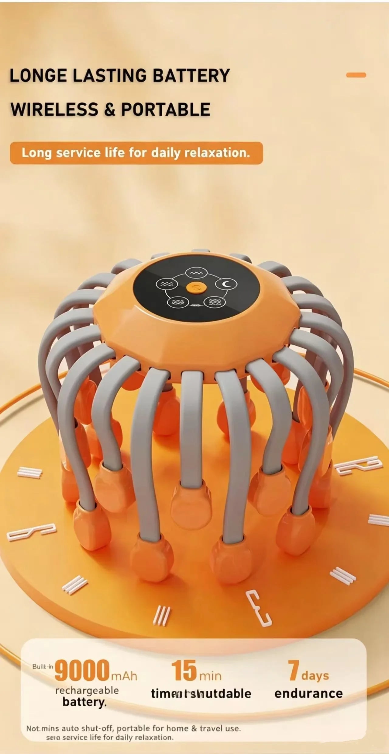 Revitalize Your Relaxation Routine with the Orange Octopus Head Massager - 10/20 Independent Massage Heads for Wireless Scalp Bliss!