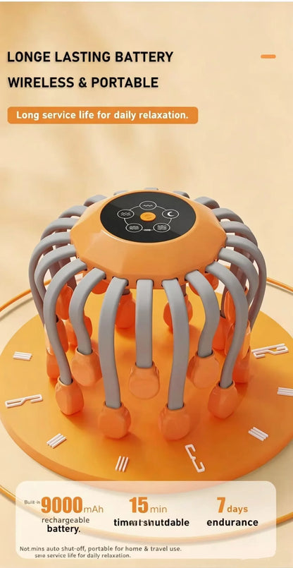 Revitalize Your Relaxation Routine with the Orange Octopus Head Massager - 10/20 Independent Massage Heads for Wireless Scalp Bliss!