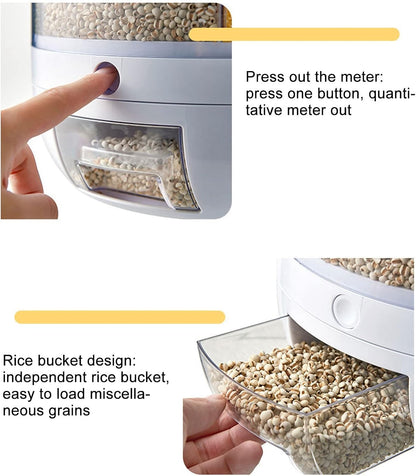 6-Grid 360° Rotating Rice & Grain Storage Container - Convenient 5kg Dry Food Dispenser with Lid for Your Home Kitchen
