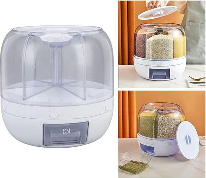 6-Grid 360° Rotating Rice & Grain Storage Container - Convenient 5kg Dry Food Dispenser with Lid for Your Home Kitchen